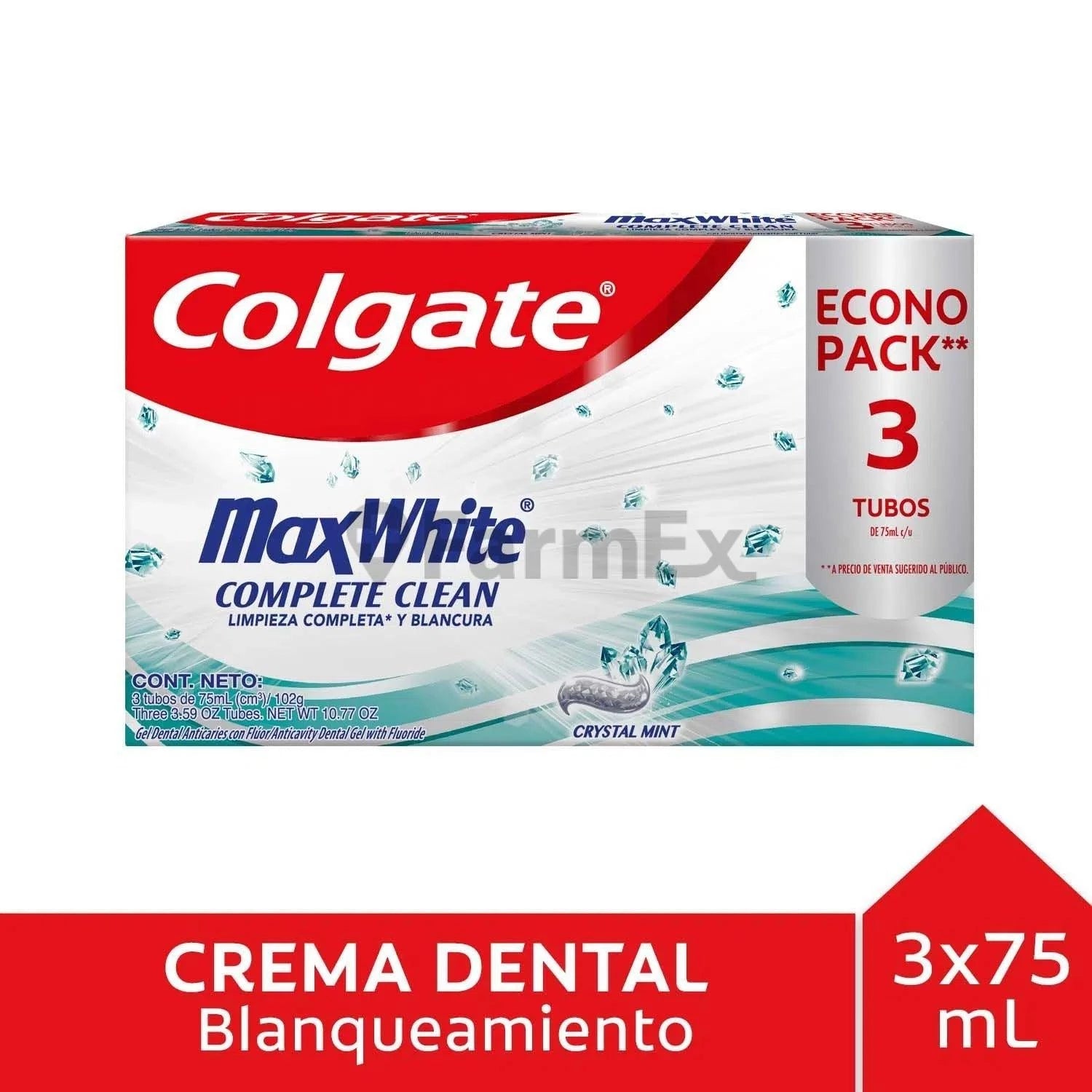 Colgate "Max white complete clean" econopack x 3 tubos 75 mL c/u Colgate